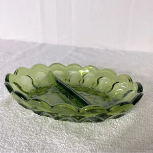 Vintage Indiana Avocado  Green Thumb Print Scalloped Edge Divided Relish Dish